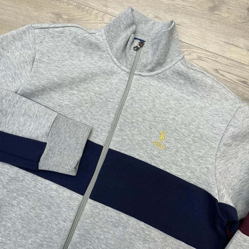 Polo Ralph Lauren Double Knit Track Jacket Men's Sz L Gray Striped Pony